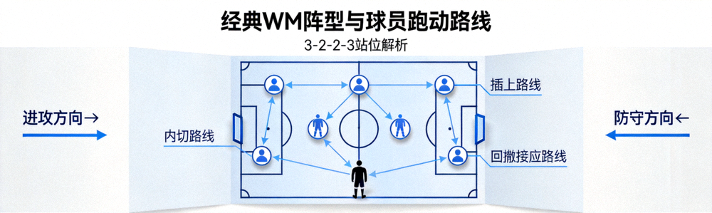 足球战术板示意图，展示经典WM阵型与球员跑动路线